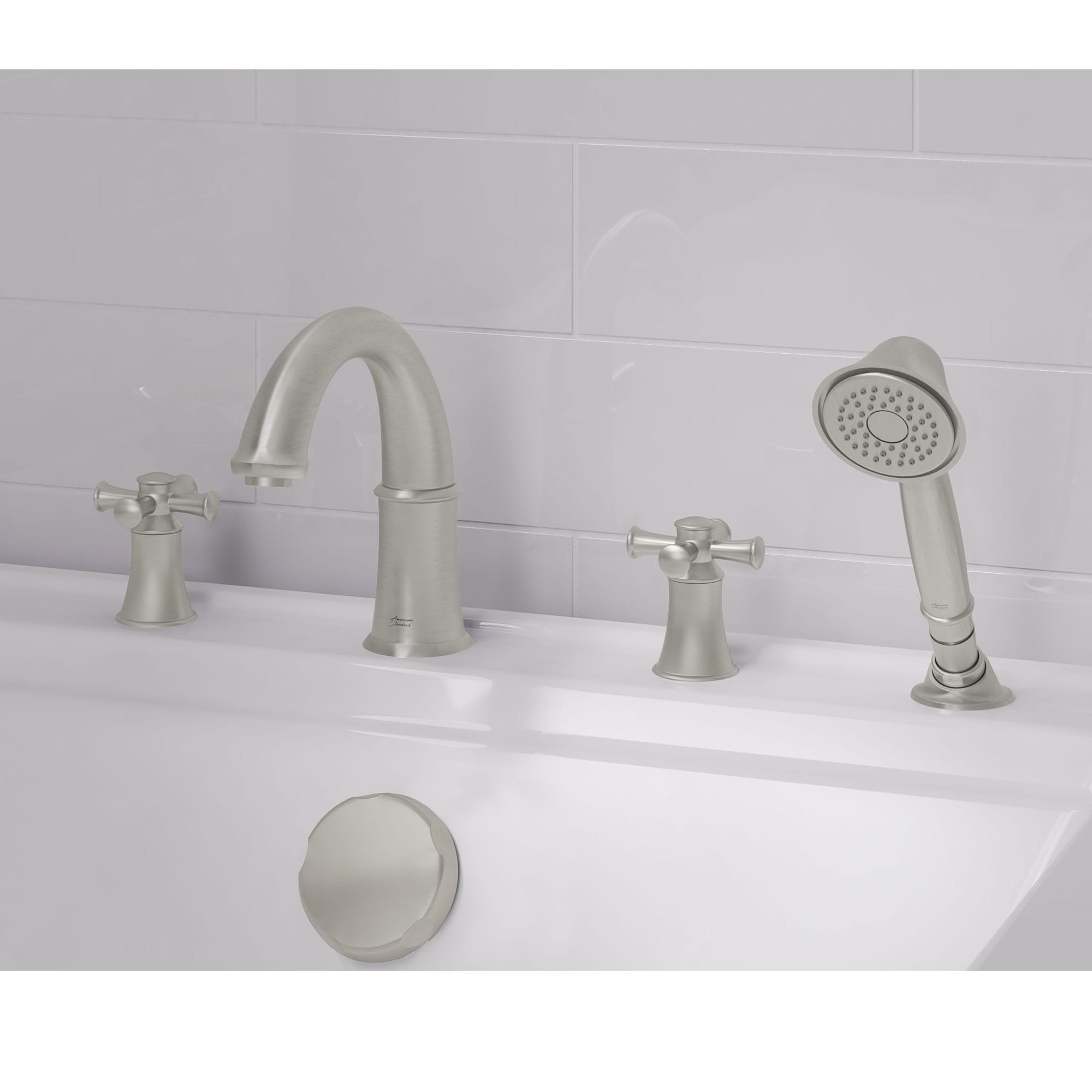 Portsmouth Bathtub Faucet with Personal Shower for Flash Rough in Valve with Cross Handles   BRUSHED NICKEL